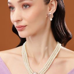 Estele Rose Gold Plated Sparkling Necklace Set with Pearls-picture-45