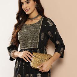 HERE&NOW Ethnic Motifs Print Zari Yoke Design Kurta-image-13