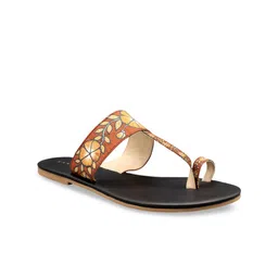 Kanvas Women Brown Printed Fabric T-Strap Flats-image-62