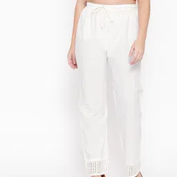Vastraa Fusion Women White Solid Straight Ethnic Pure Cotton Palazzo-87