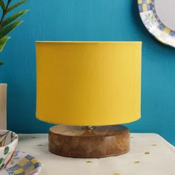 Devansh Yellow Solid Drum Designer Shade Column Table Lamp with Wood Base-17