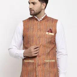 KLOTTHE Men Blue & Orange Woven Design Nehru Jacket-image-76