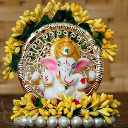 eCraftIndia White & Gold-Toned Handcrafted Lord Ganesha Idol On Decorated Plate Showpiece-26