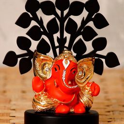 eCraftIndia Gold-Plated & Orange Kaan Ganesha with Wooden Tree Showpiece-image-19