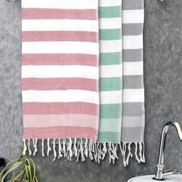 Myntra Elegant Homes 3 Pieces White & Green Striped Cotton 225 GSM Bath Towel-29