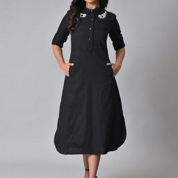 W Embroidered Shirt Collar Pure Cotton A-Line Midi Dress-image-6