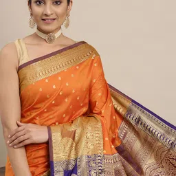 Mitera Orange & Golden Paisley Design Zari Banarasi Silk Saree-picture-44