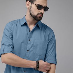Roadster Men Teal Blue Solid Roll-Up Sleeve Casual Shirt-image-61