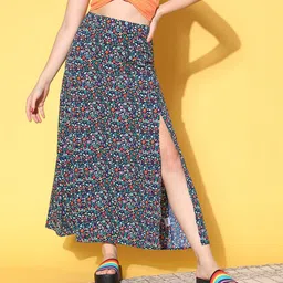 Berrylush Deep Navy Blue Floral Peekaboo Slit Skirt-image-28