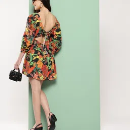 Killer Tropical Print Puff Sleeves Tie-Up Detail Cotton Mini A-Line Dress-image-75