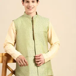 Anouk Men Cream-Coloured Solid Straight Sustainable Kurta Pyjamas & Woven Nehru Jacket-picture-30