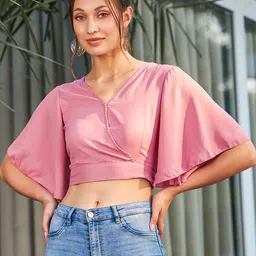 KASSUALLY Women Pink Solid Crop Top with Smocked Back-picture-4
