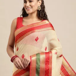Leeza Store White & Red Ethnic Motifs Zari Kota Saree-picture-11