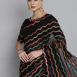 HERE&NOW Black & Pink Striped Sequinned Pure Georgette Saree-picture-5