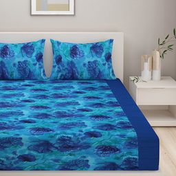SWAYAM Blue 120 TC Fine Cotton Double Fitted Bedsheet with 2 Pillow Covers-32