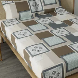 CHHAVI INDIA Grey & Brown Floral 210 TC Queen Bedsheet with 2 Pillow Covers-image-51