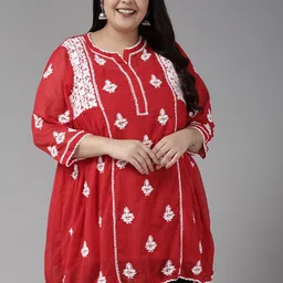 ADA Plus Size Red Ethnic Motifs Embroidered Chikankari Panelled Kurti With Slip-image-27