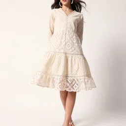 Ishin Women Self Design Lace Inserts Fit & Flare Midi Dress-picture-6