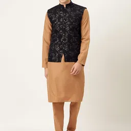 Ethnovog Men Brown Solid Made To Measure Kurta with Pyjamas with Jacket-14