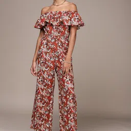 bebe Persian Red & Black Holiday Off-Shoulder Printed Jumpsuit-picture-28