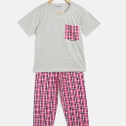 FUNKRAFTS Girls Grey Melange & Pink Checked Night suit-image-37