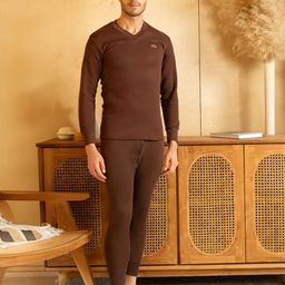 Lux Cottswool Men Plus Size Brown Solid Cotton Thermal Set-picture-4