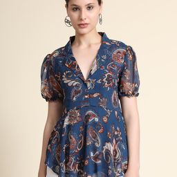 KERI PERRY Women Teal Georgette Paisley Printed Flared Top-image-3