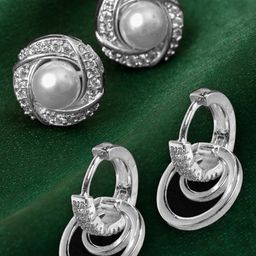 AMI Set of 2 Silver-Toned & White Circular Studs Earrings-47