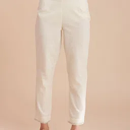 W The Folksong Collection Women White Pure Cotton Trousers-image-9