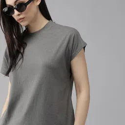 The Roadster Lifestyle Co Women Charcoal Grey Extended Sleeves Pure Cotton T-shirt-picture-22