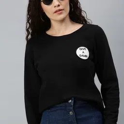 Campus Sutra Women Black Solid Pure Cotton Applique Sweatshirt-picture-15