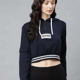 Hubberholme Women Navy Blue Cropped Hooded Sweatshirt-image-83