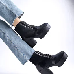 Shoetopia Black Suede High-Top Platform Heeled Boots-47