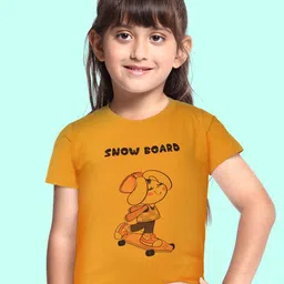 BRATMA Kids Mustard Yellow & Black Printed Cotton T-shirt-image-64