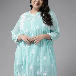 ADA Plus Size Blue Embroidered Chikankari Poly Georgette Kurti With Slip-10