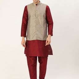 SOJANYA Men Maroon & Grey Solid Kurta with Churidar & Nehru Jacket-18
