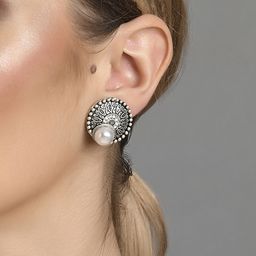 ToniQ White Circular Studs Oxidised Earrings-42
