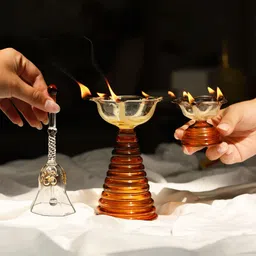 TRUSTBASKET Brown Set Of 3 Glass Diya & Bell-35