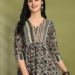 FERANOID Floral Printed V-Neck Pleated  Sequinned Pure Cotton Kurti-picture-36
