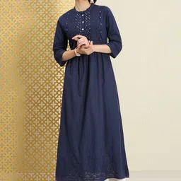 House of Pataudi Women Navy Blue Sequined Schiffli Jashn Kurta-picture-42