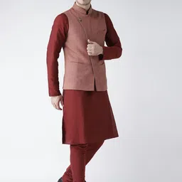 KISAH Men Maroon & Rust Solid Kurta with Churidar & Nehru Jacket image 4
