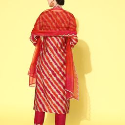 Sangria Women Leheriya Printed Regular Sequinned Kurta with Trousers & With Dupatta image 4