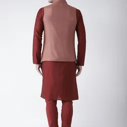 KISAH Men Maroon & Rust Solid Kurta with Churidar & Nehru Jacket image 5