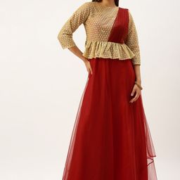 Ethnovog Women Red Embroidered Layered Ethnic Maxi Dress-image-45