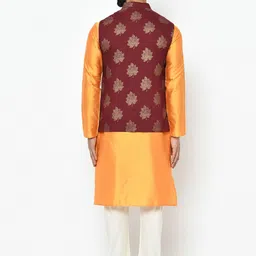 KISAH Men Red & Orange Solid Kurta with Churidar & Nehru Jacket image 3