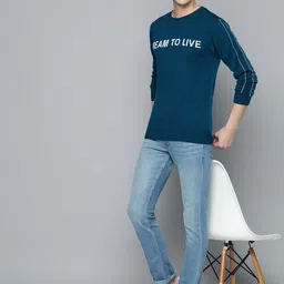 Mast & Harbour Men Teal Blue Typography Pullover Sweater-image-11