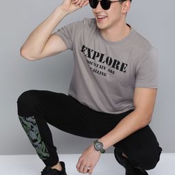 HERE&NOW Men Grey & Black Typography Printed Casual T-shirt-image-79