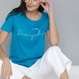 mast & harbour Mast  Harbour Women Blue Printed Round Neck Pure Cotton T-shirt-picture-3