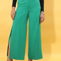 Tokyo Talkies Women Green Mid-Rise Plain Bootcut Trousers-image-44