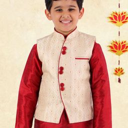YK Boys Beige & Red Solid Woven-Design Nehru Jackets-24